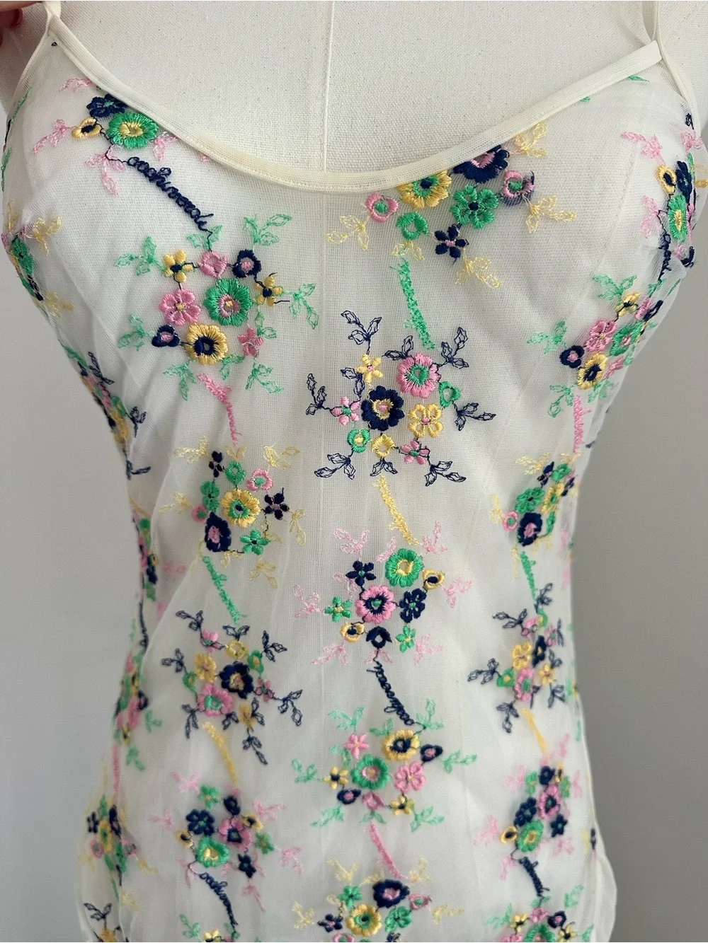 La Perla Ivory Sheer top chemise with Multicolor Floral Embroidery